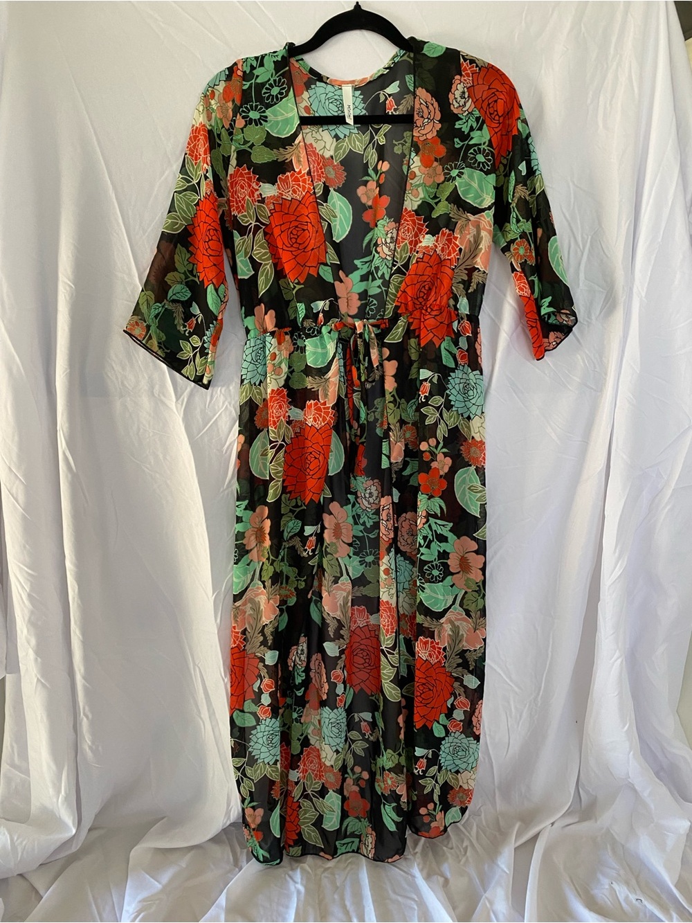 Black Sheer Floral Kimono Duster with Red & Mint Blooms